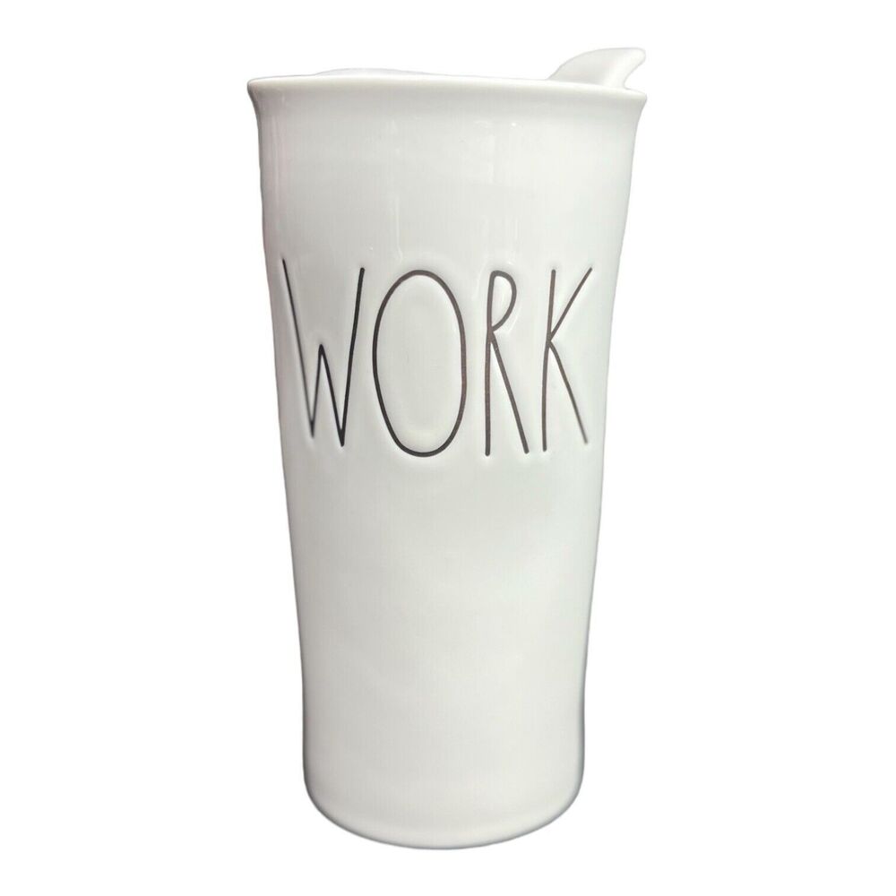 Rae Dunn "Work" Ceramic Travel Coffee Tea Tumbler Mug With Lid 7”